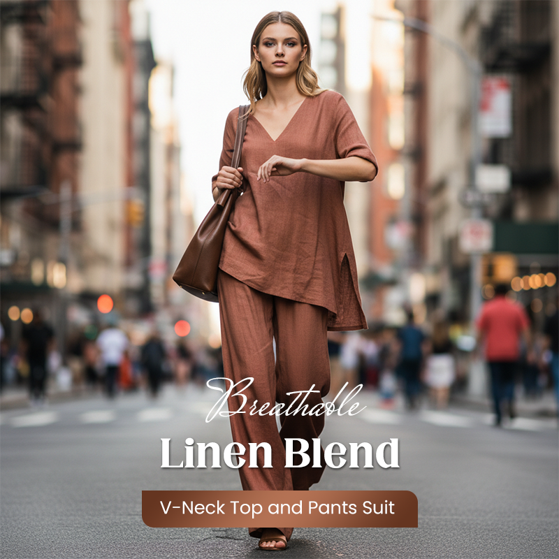Breathable Linen Blend V-Neck Top and Pants Suit