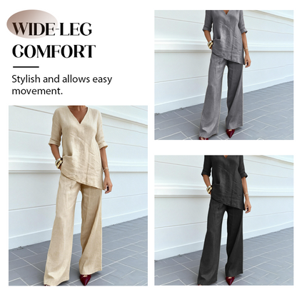 Breathable Linen Blend V-Neck Top and Pants Suit