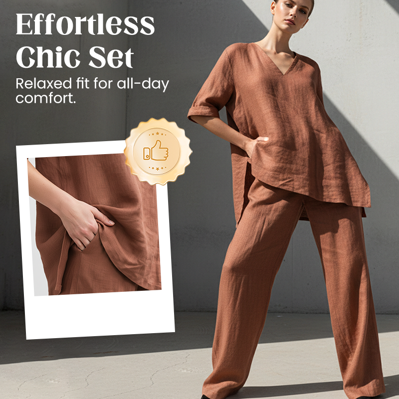 Breathable Linen Blend V-Neck Top and Pants Suit