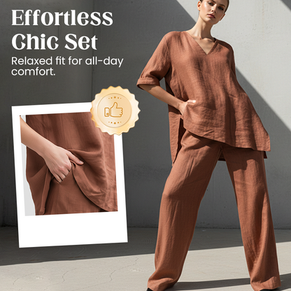 Breathable Linen Blend V-Neck Top and Pants Suit
