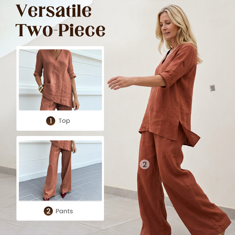 Breathable Linen Blend V-Neck Top and Pants Suit
