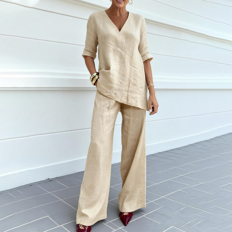 Breathable Linen Blend V-Neck Top and Pants Suit
