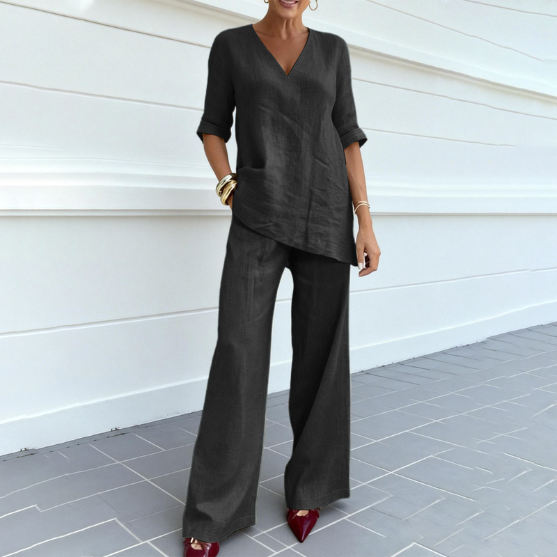 Breathable Linen Blend V-Neck Top and Pants Suit