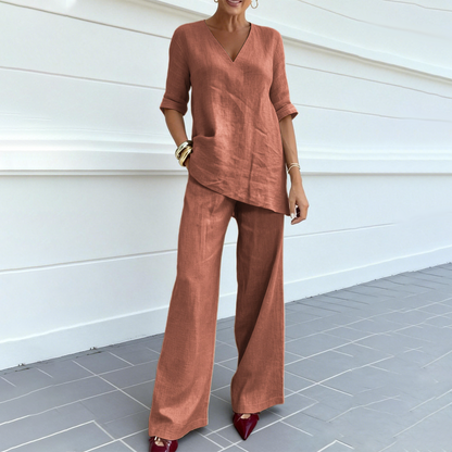 Breathable Linen Blend V-Neck Top and Pants Suit