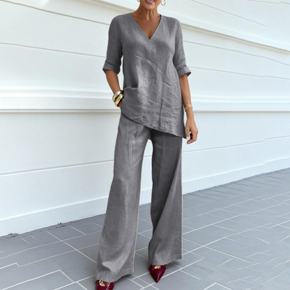 Breathable Linen Blend V-Neck Top and Pants Suit