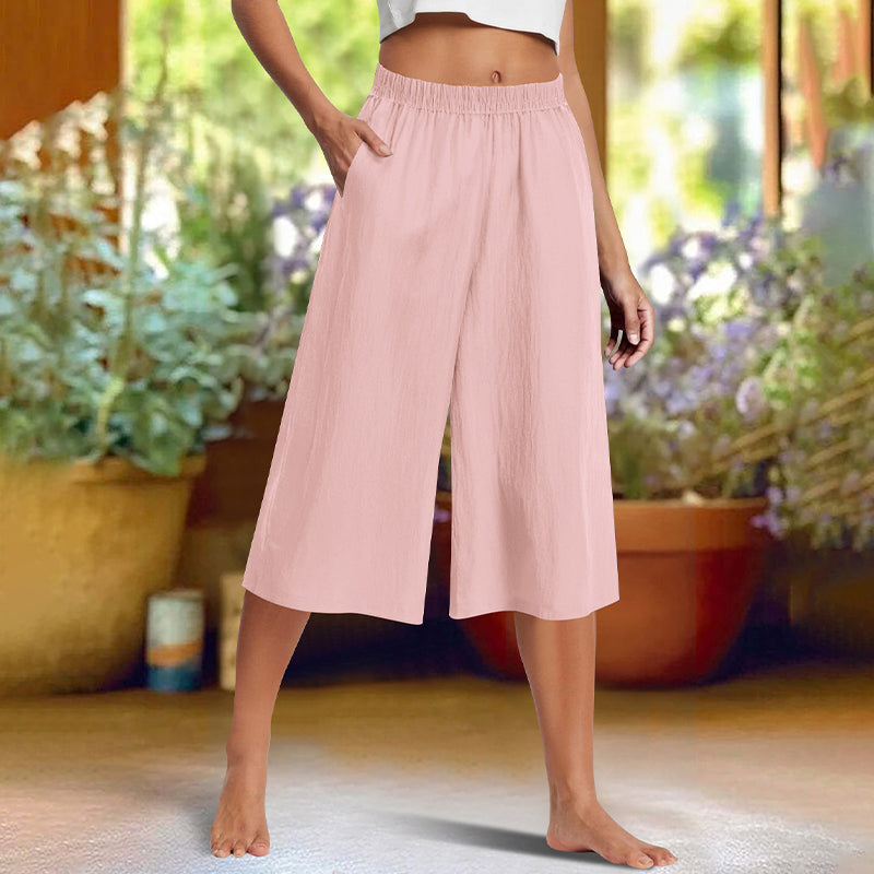 Casual Solid Color Wide-Leg 3/4-Length Pants with Subtle Texture