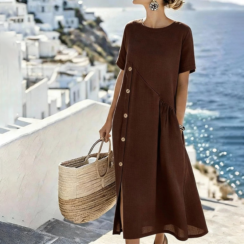 Women's Casual Midi Dress with Irregular Buttons