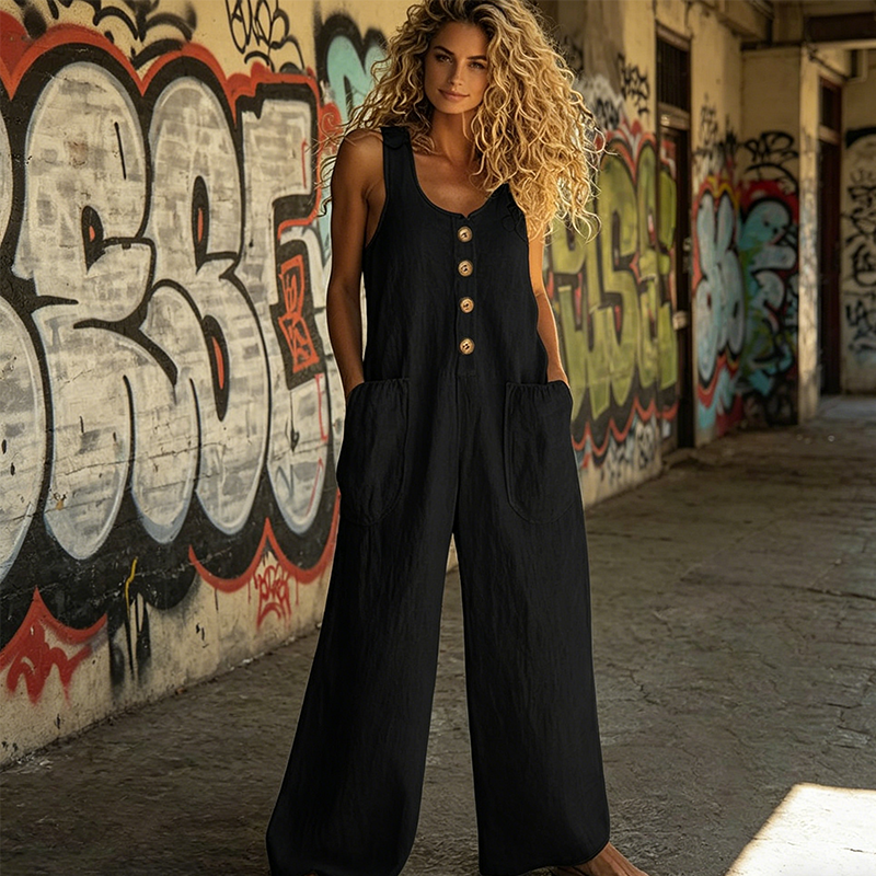 Women's Sleeveless Wide-Leg Jumpsuit with Pockets