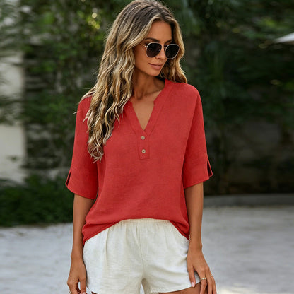 Women's Casual V-Neck Button Top