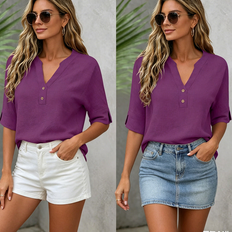 Women's Casual V-Neck Button Top