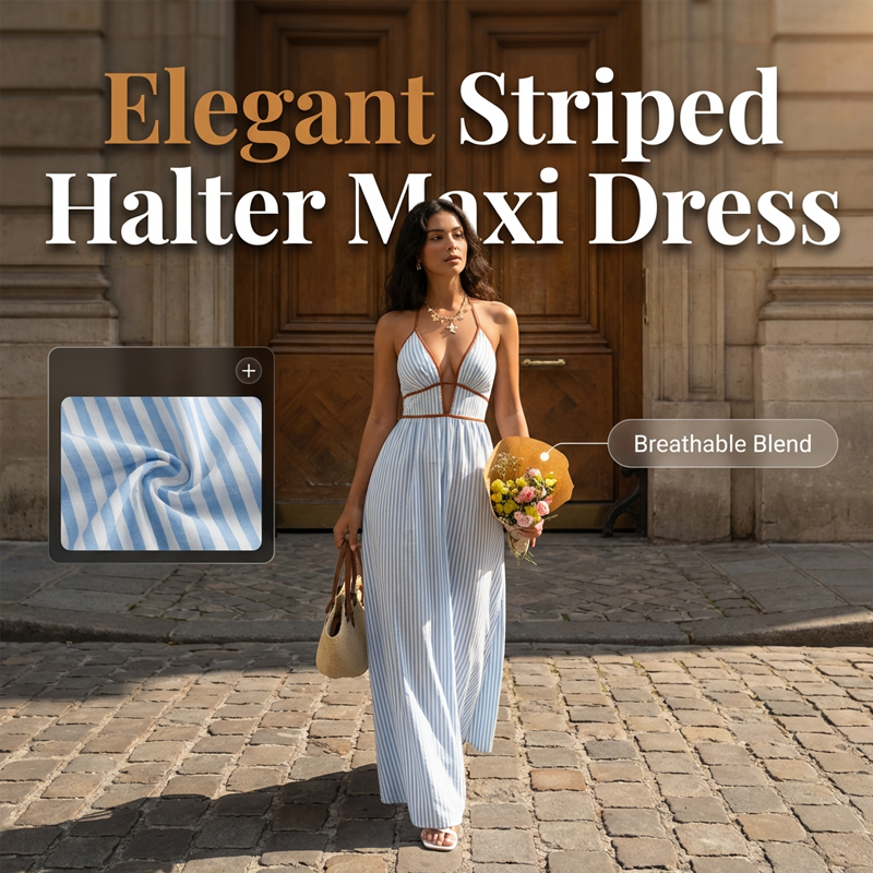 Women's Striped Halter Neck Maxi Dress