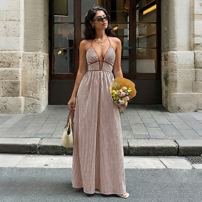 Women's Striped Halter Neck Maxi Dress