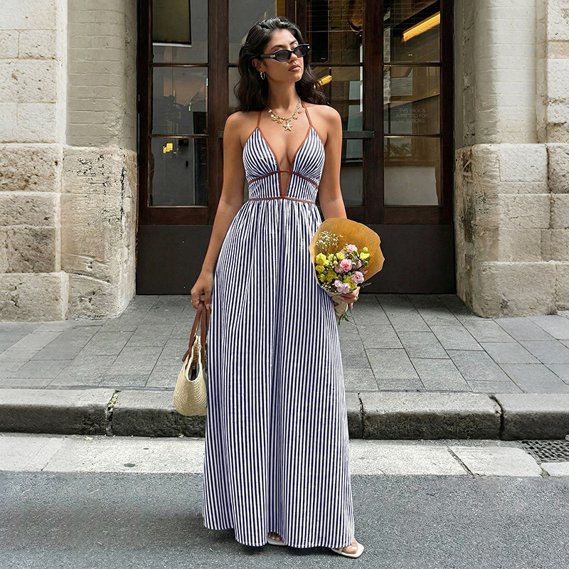Women's Striped Halter Neck Maxi Dress