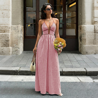 Women's Striped Halter Neck Maxi Dress