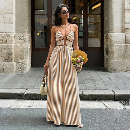 Women's Striped Halter Neck Maxi Dress