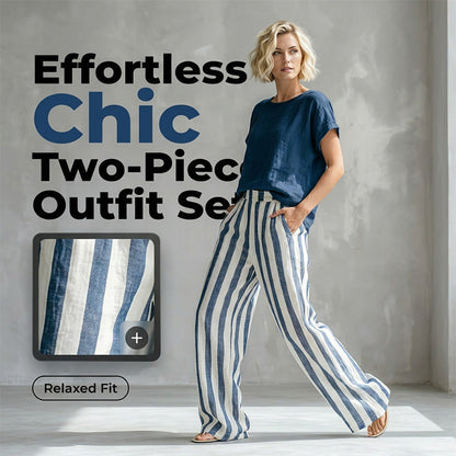 🌿 Effortless Weekend Style – Women's Casual Solid Top & Striped Wide-Leg Pants You’ll Adore👖👚