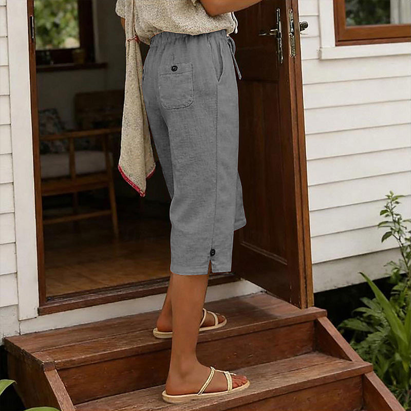 Women's Casual Cropped Pants with Button Detail