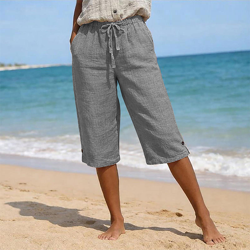 Women's Casual Cropped Pants with Button Detail