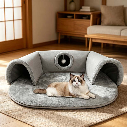 🐱 50% OFF NOW! 🛏️ Plush 2-in-1 Cat Tunnel Bed – Collapsible, scratch-resistant & cozy – combines hideaway tunnel with soft sleeping pad – perfect for play, rest & pouncing 🐾