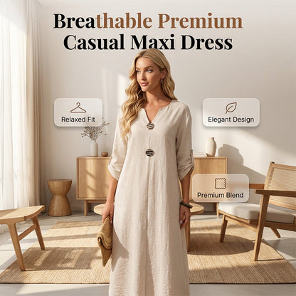 Women's Casual V-Neck Midi Dress with Decorative Buttons