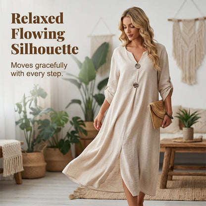 Women's Casual V-Neck Midi Dress with Decorative Buttons