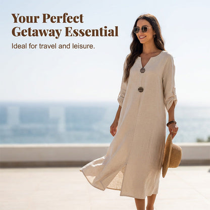 Women's Casual V-Neck Midi Dress with Decorative Buttons
