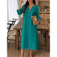 Women's Casual V-Neck Midi Dress with Decorative Buttons