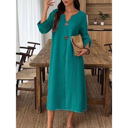 Women's Casual V-Neck Midi Dress with Decorative Buttons