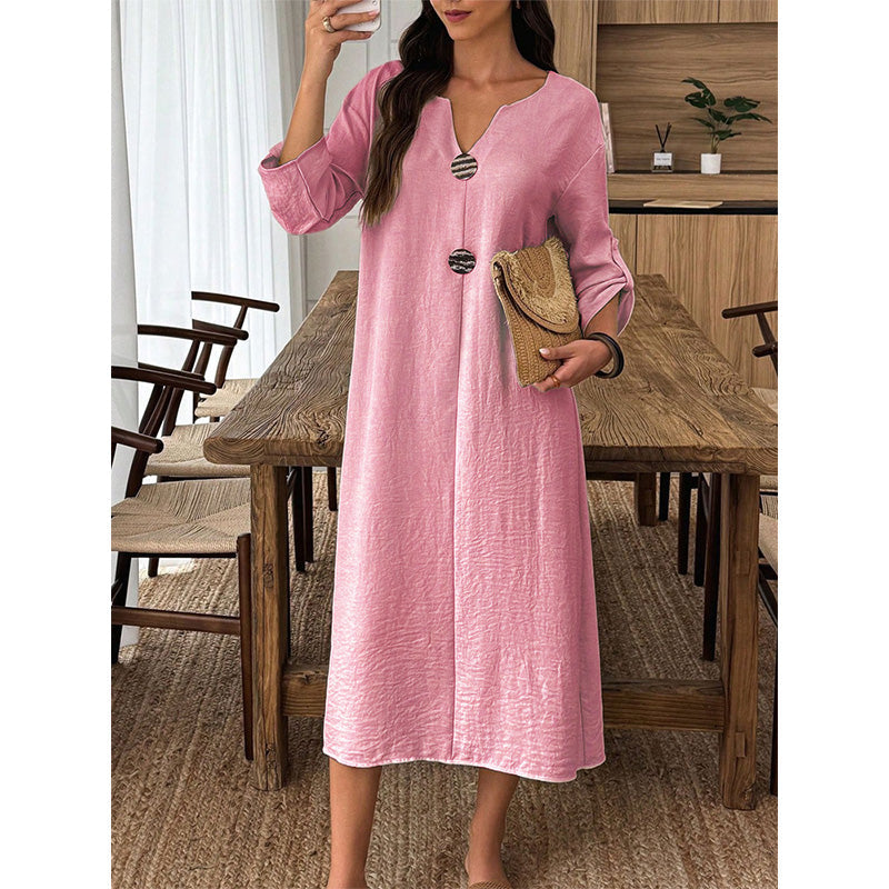 Women's Casual V-Neck Midi Dress with Decorative Buttons