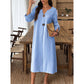Women's Casual V-Neck Midi Dress with Decorative Buttons