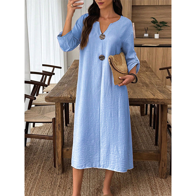 Women's Casual V-Neck Midi Dress with Decorative Buttons
