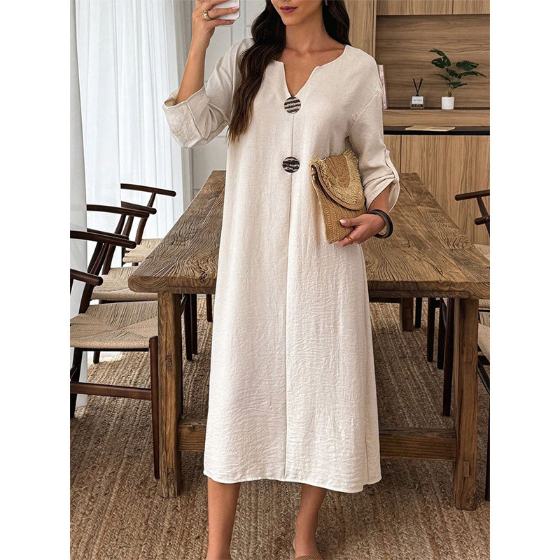Women's Casual V-Neck Midi Dress with Decorative Buttons
