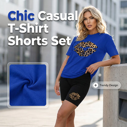 Women's Leopard Lip Print T-Shirt & Shorts Set