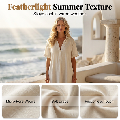 Women's Elegant Cotton Linen Short Sleeve Lapel Dress