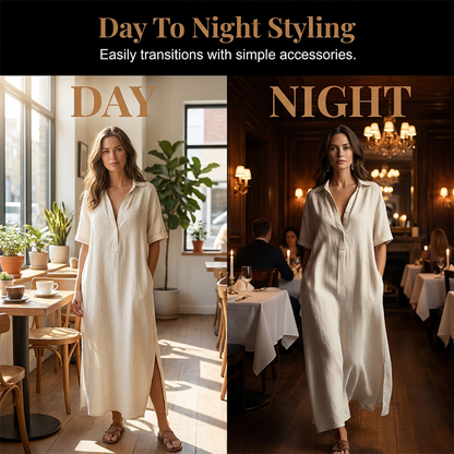 Women's Elegant Cotton Linen Short Sleeve Lapel Dress
