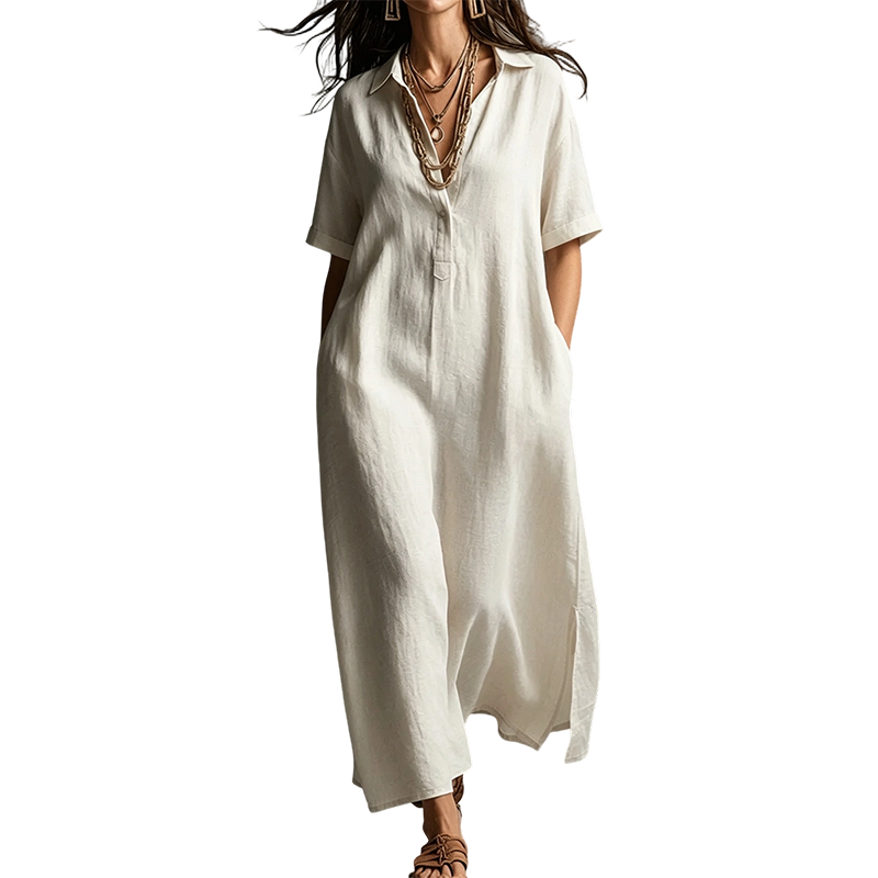 Women's Elegant Cotton Linen Short Sleeve Lapel Dress