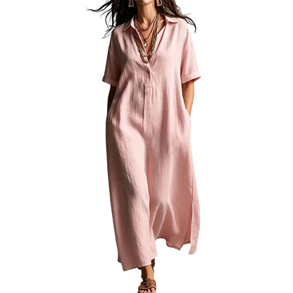 Women's Elegant Cotton Linen Short Sleeve Lapel Dress
