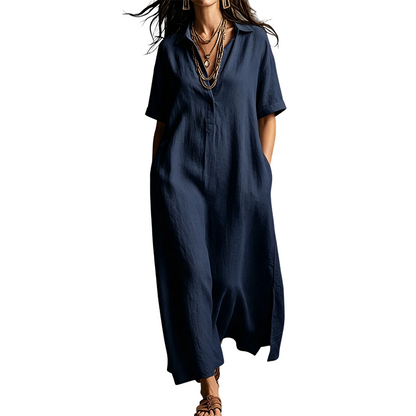 Women's Elegant Cotton Linen Short Sleeve Lapel Dress