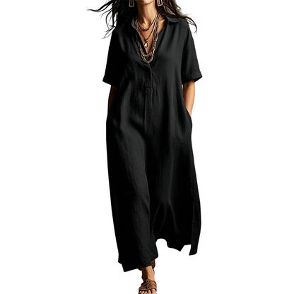 Women's Elegant Cotton Linen Short Sleeve Lapel Dress