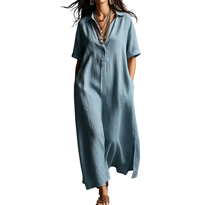 Women's Elegant Cotton Linen Short Sleeve Lapel Dress