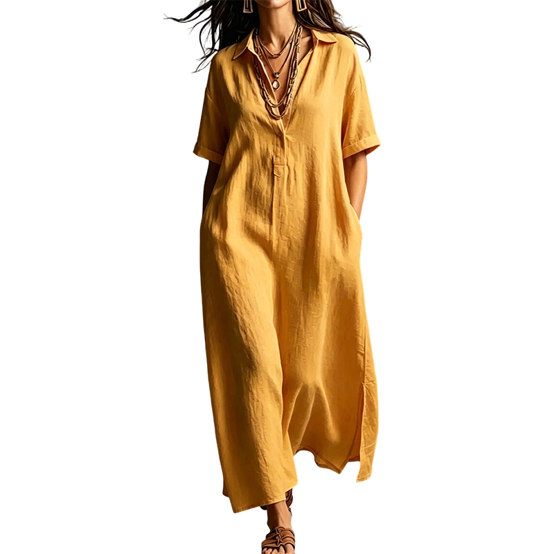 Women's Elegant Cotton Linen Short Sleeve Lapel Dress