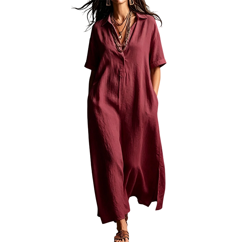 Women's Elegant Cotton Linen Short Sleeve Lapel Dress