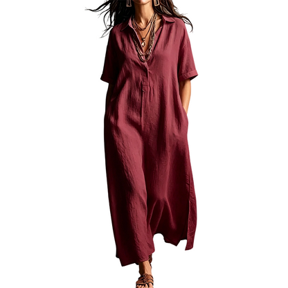 Women's Elegant Cotton Linen Short Sleeve Lapel Dress