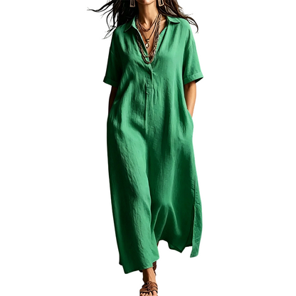 Women's Elegant Cotton Linen Short Sleeve Lapel Dress