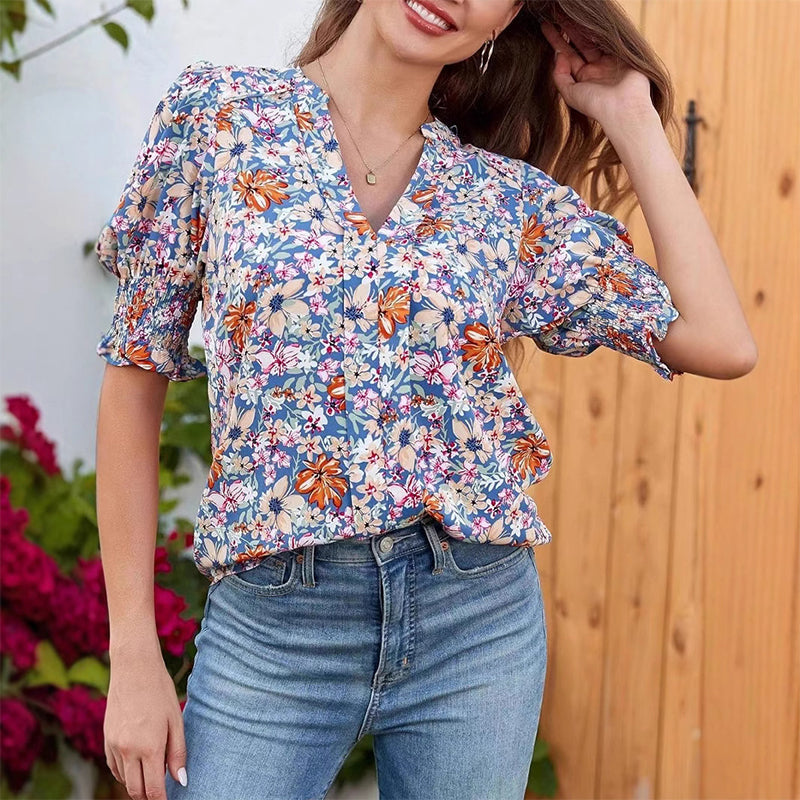 🌸Summer Hot Sale !!⏰Floral V-neck Puff Sleeve Blouse For Women🌺
