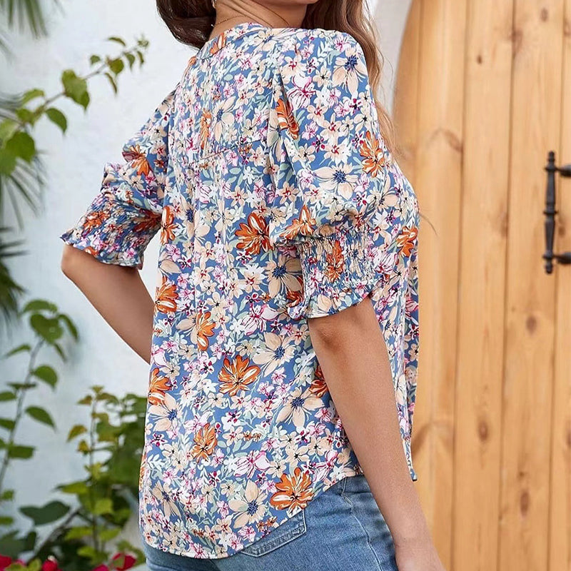 🌸Summer Hot Sale !!⏰Floral V-neck Puff Sleeve Blouse For Women🌺