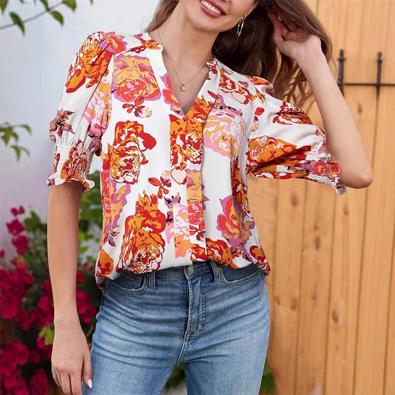 🌸Summer Hot Sale !!⏰Floral V-neck Puff Sleeve Blouse For Women🌺