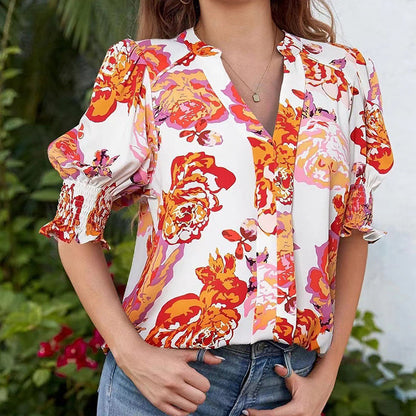 🌸Summer Hot Sale !!⏰Floral V-neck Puff Sleeve Blouse For Women🌺