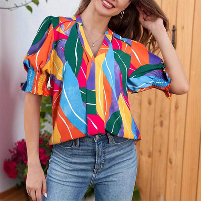 🌸Summer Hot Sale !!⏰Floral V-neck Puff Sleeve Blouse For Women🌺