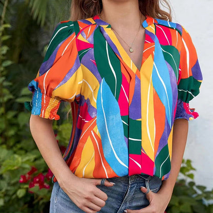 🌸Summer Hot Sale !!⏰Floral V-neck Puff Sleeve Blouse For Women🌺